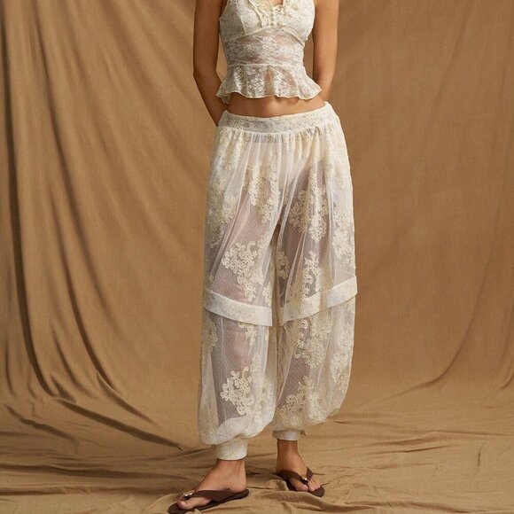 Pants - Apricot Boho Women's Loose Sheer Lace Harem Vacation Pants